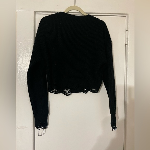 Black open cardigan cropped long sleeve distressed sweater size small - Picture 3 of 5